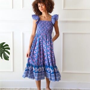 Blue Floral Midi Dress with Ruffle Straps